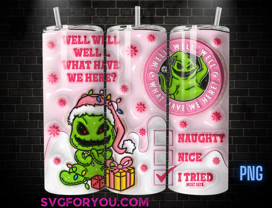 PINK Oogie Boogie Inflated Well Well Well 20 oz Skinny Tumbler, Happy Holidays Sublimation Design, Nightmare Before Christmas png wrap