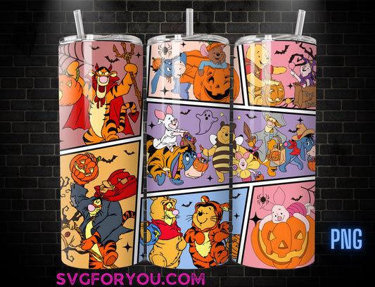 Spooky Mummy Winnie the Pooh Tigger Piglet Eeyore Halloween 20oz Skinny Tumbler PNG, Pooh Skinny Tumbler Wrap Design PNG