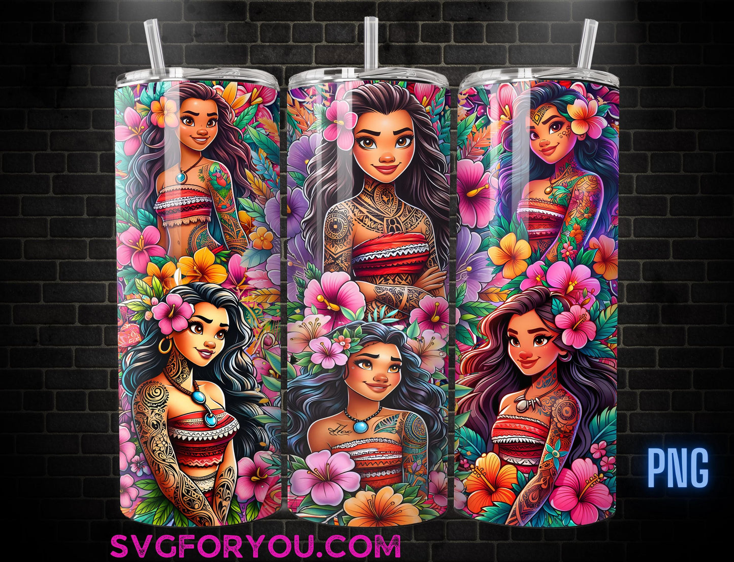 Moana Tattoo Tumbler Wrap PNG, Tattoo Tumbler Wrap png, 20oz Skinny Tumbler png, Skinny Tumbler Wrap Design PNG