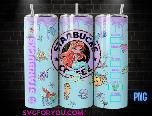 Princess Ariel Watercolor Tumbler Wrap PNG, Coffee Tumbler Wrap , 20oz Skinny Tumbler, The Little Mermaid Skinny Tumbler Wrap Design PNG