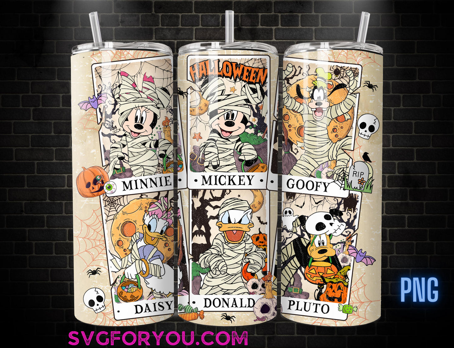 Retro Mickey Mouse and Friends Halloween Tarot 20oz Skinny Tumbler Template PNG, Pluto Donald Daisy Goofy Skinny Tumbler Wrap Design PNG