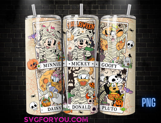 Retro Mickey Mouse and Friends Halloween Tarot 20oz Skinny Tumbler Template PNG, Pluto Donald Daisy Goofy Skinny Tumbler Wrap Design PNG