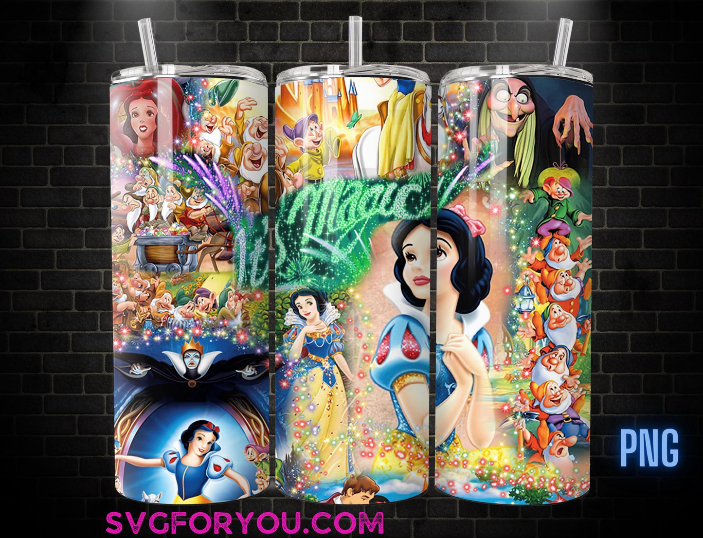 Its Magic Princess Snow White 20oz Skinny Tumbler Template PNG, and the seven dwarves Skinny Tumbler Wrap Design PNG File Digital Download