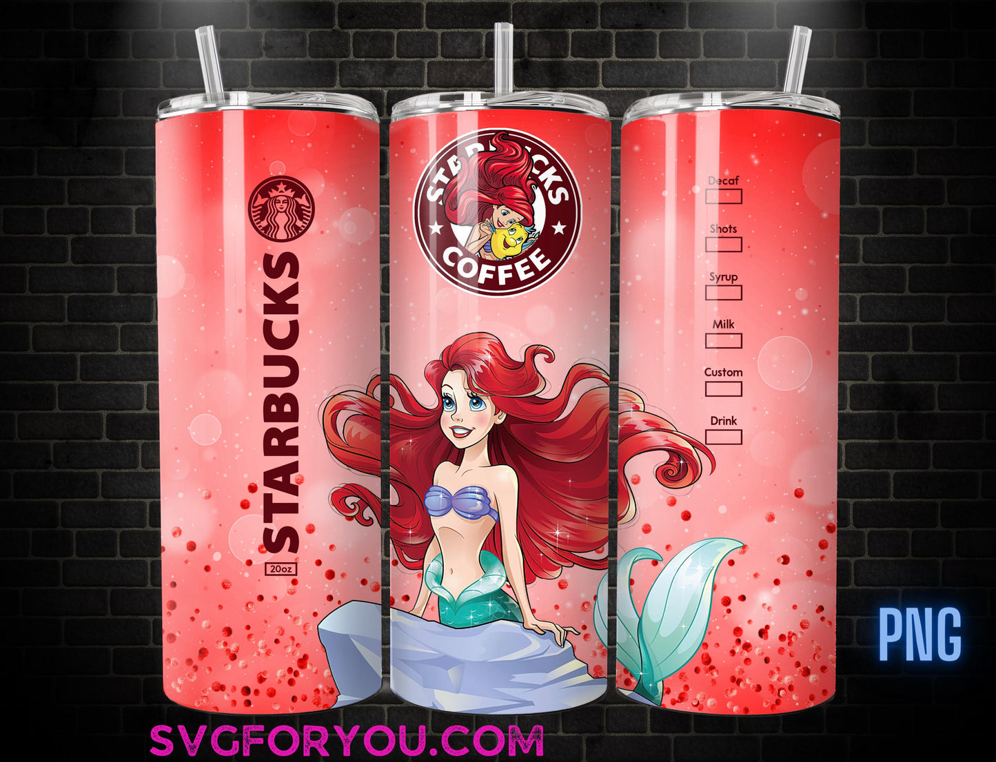 Ariel Coffee Tumbler Wrap PNG, The Little Mermaid Tumbler Wrap png, 20oz Skinny Tumbler png, Skinny Tumbler Wrap Design PNG