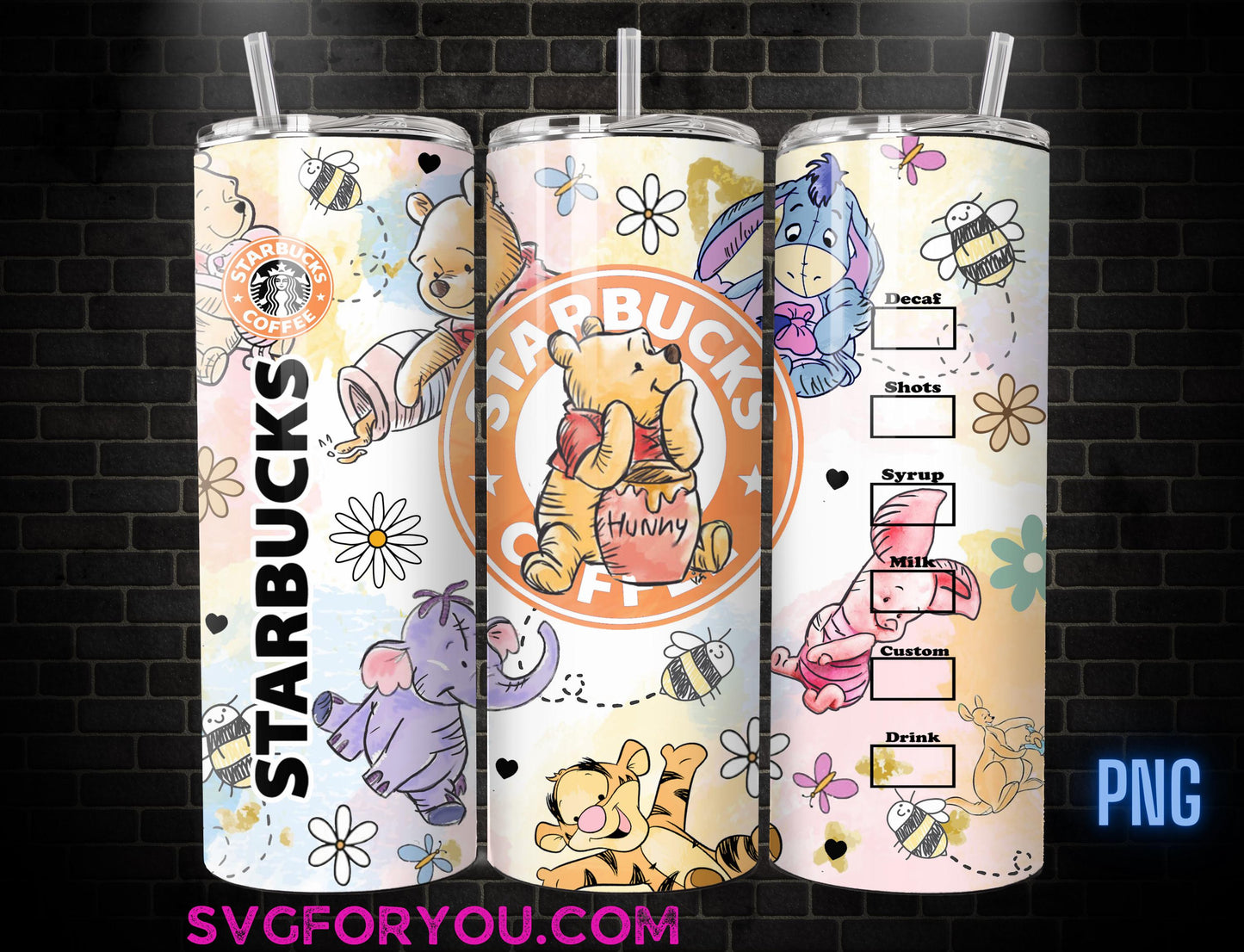 Retro Winnie the Pooh Tigger Piglet Eeyore Watercolor 20oz Skinny Tumbler Template PNG, Pooh Skinny Tumbler Wrap Design PNG Digital Download