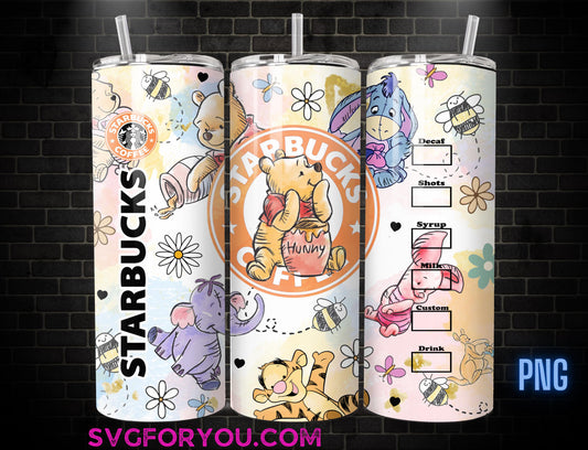 Retro Winnie the Pooh Tigger Piglet Eeyore Watercolor 20oz Skinny Tumbler Template PNG, Pooh Skinny Tumbler Wrap Design PNG Digital Download