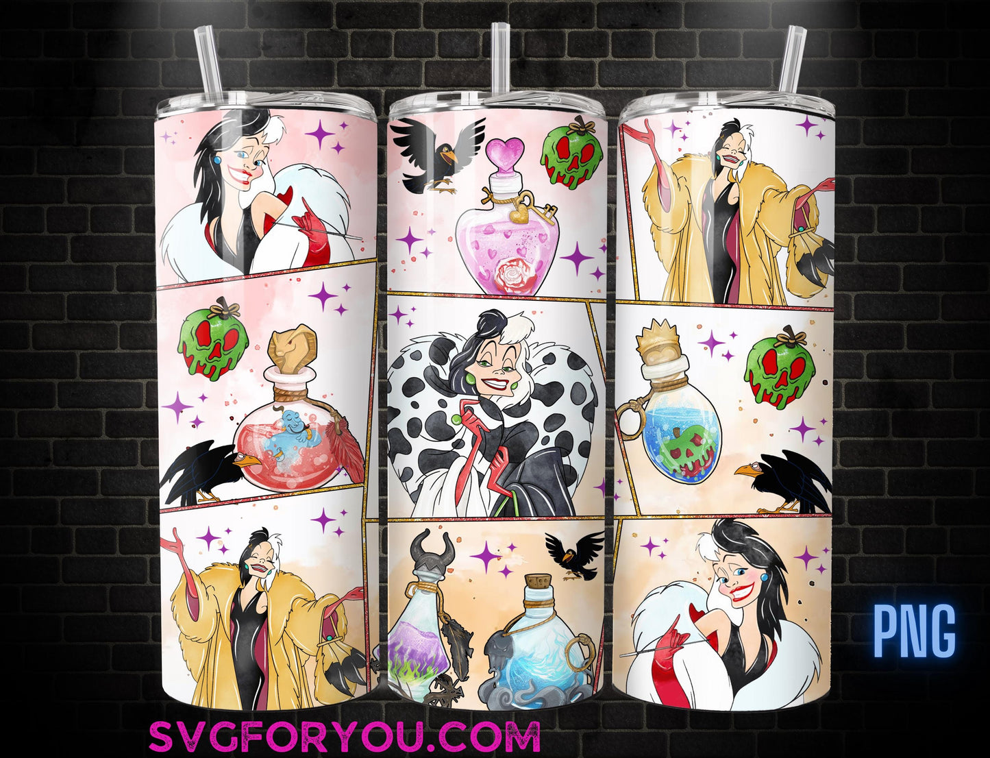Villain Cruella De Vil Watercolor Tumbler Wrap PNG, Coffee Tumbler Wrap , 20oz Skinny Tumbler, 101 Dalmations Skinny Tumbler Wrap Design PNG