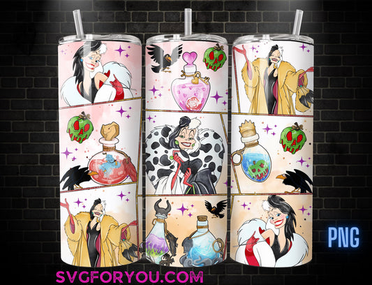 Villain Cruella De Vil Watercolor Tumbler Wrap PNG, Coffee Tumbler Wrap , 20oz Skinny Tumbler, 101 Dalmations Skinny Tumbler Wrap Design PNG