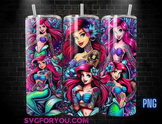 Ariel Tattoo Tumbler Wrap PNG, The Little Mermaid Tumbler Wrap png, 20oz Skinny Tumbler png, Skinny Tumbler Wrap Design PNG