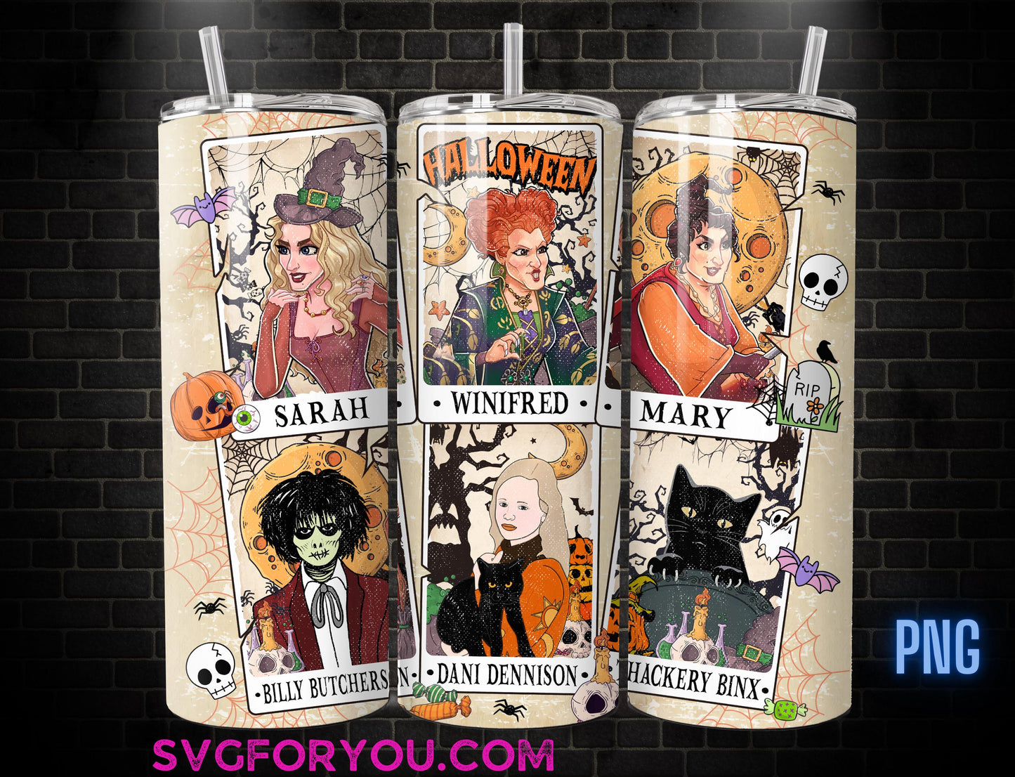 Retro Hocus Pocus Tarot Card Tumbler Wrap, Halloween Tumbler Wrap, Witch Wrap PNG, Sublimation Design, Skinny 20oz Tumbler Wrap