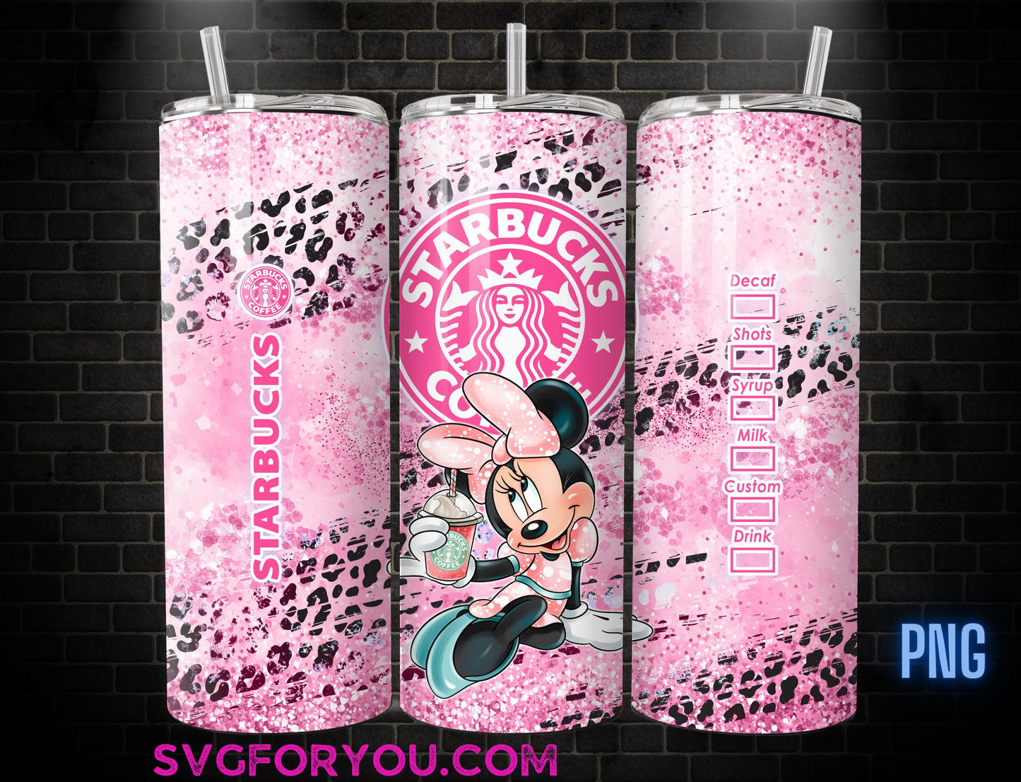 Minnie Mouse Leopard Print 20oz Coffee Skinny Tumbler Template PNG, Mickey Skinny Tumbler Wrap Design PNG Digital Download