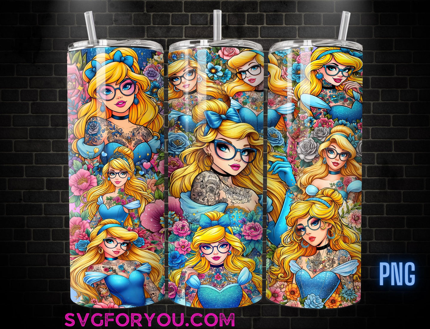 Princess Cinderella Tattoo Coffee Tumbler Wrap PNG , 20oz Skinny Tumbler, Cinderella Skinny Tumbler Wrap PNG