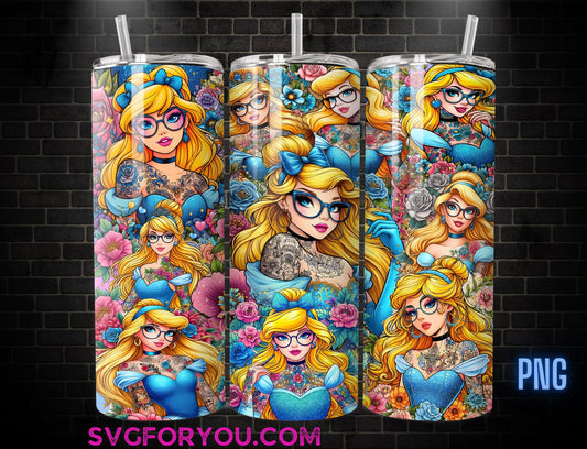 Princess Cinderella Tattoo Coffee Tumbler Wrap PNG , 20oz Skinny Tumbler, Cinderella Skinny Tumbler Wrap PNG