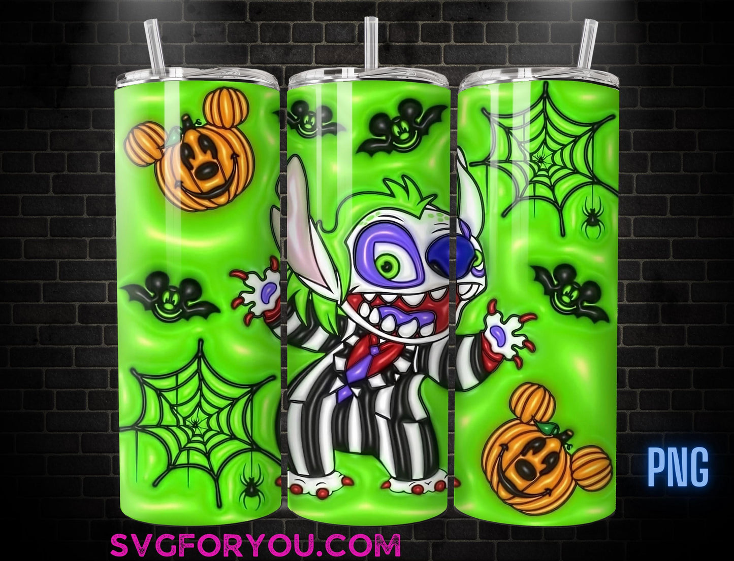 Stitch as Beetlejuice Inflated 20 Oz Skinny Tumbler Png, Green Halloween Png, Lilo and Stitch 20oz Tumbler Wrap, Scary Spooky Png