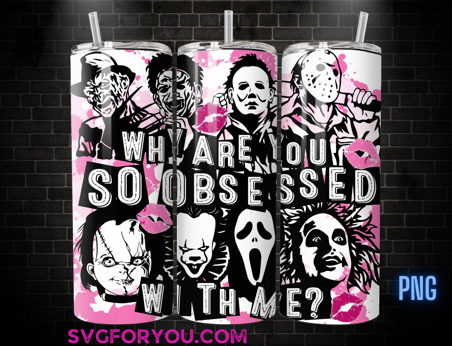 Pink Horror Chucky Tiffany Saw Ghostface 20 oz Skinny Tumbler , Movies Character 20oz Tumbler Png, Horror Halloween Straight Tumbler Wrap
