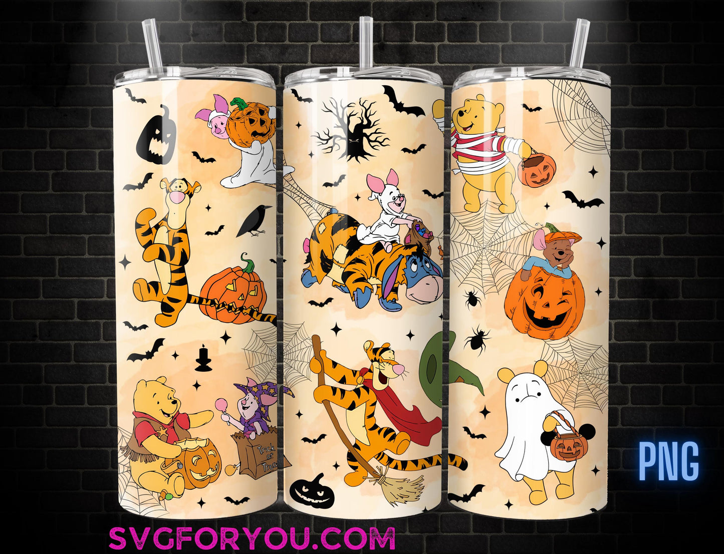 Spooky Mummy Winnie the Pooh Tigger Piglet Eeyore Halloween Watercolor  20oz Skinny Tumbler PNG, Pooh Skinny Tumbler Wrap Design PNG