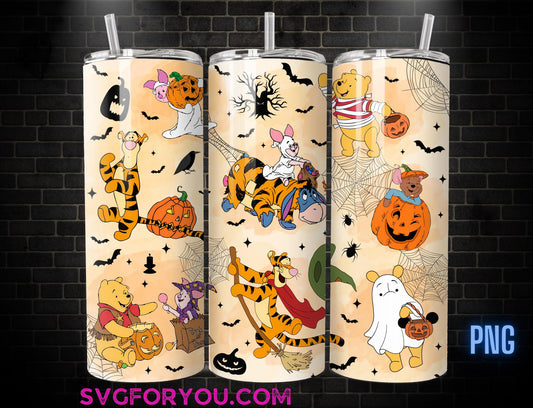 Spooky Mummy Winnie the Pooh Tigger Piglet Eeyore Halloween Watercolor  20oz Skinny Tumbler PNG, Pooh Skinny Tumbler Wrap Design PNG