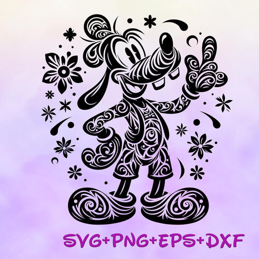 Floral Goofy Mandala SVG, Enchanted Svg, Silhouette Cut Files, Zentangle SVG, Sublimation Design, Mickey and friends Sketch Png svg