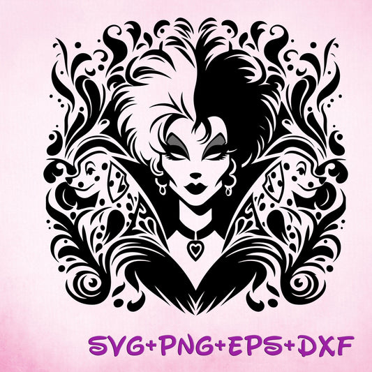 Cruella de vil Villains Mandala SVG, 101 Dalmations , Zentangle Silhouette Cut Files, Png, Printable, Sublimation Design