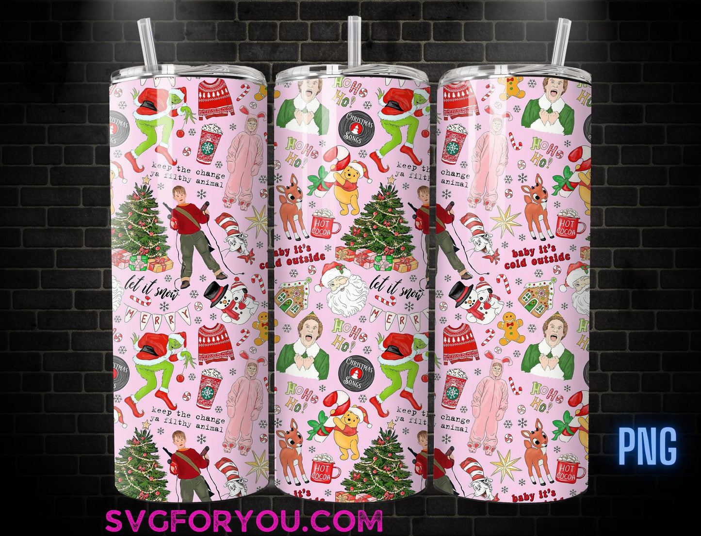 PINK Funny Buddy the Elf Pooh Grinch Home Alone Christmas Movie 20 oz Skinny Tumbler, Family Comedy, Christmas Movie Tumbler Wrap Png