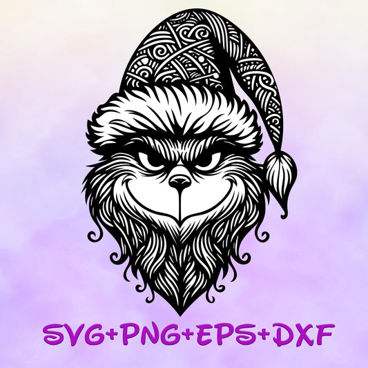 Grumpy Grinch in Santa Hat Mandala Svg Png  Detailed Zentangle Art (SVG, PNG, DXF Files)
