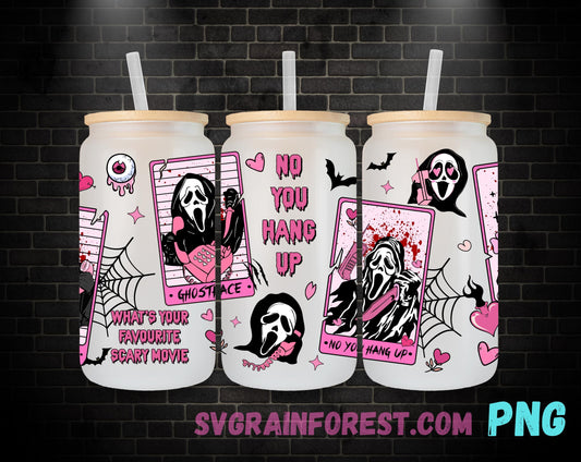 Pink Horror Ghostface No you hang up Tarot Cards 16oz Libbey Glass Wrap , Movies Character 16oz Glass Wrap Png, Horror Halloween Glass Wrap