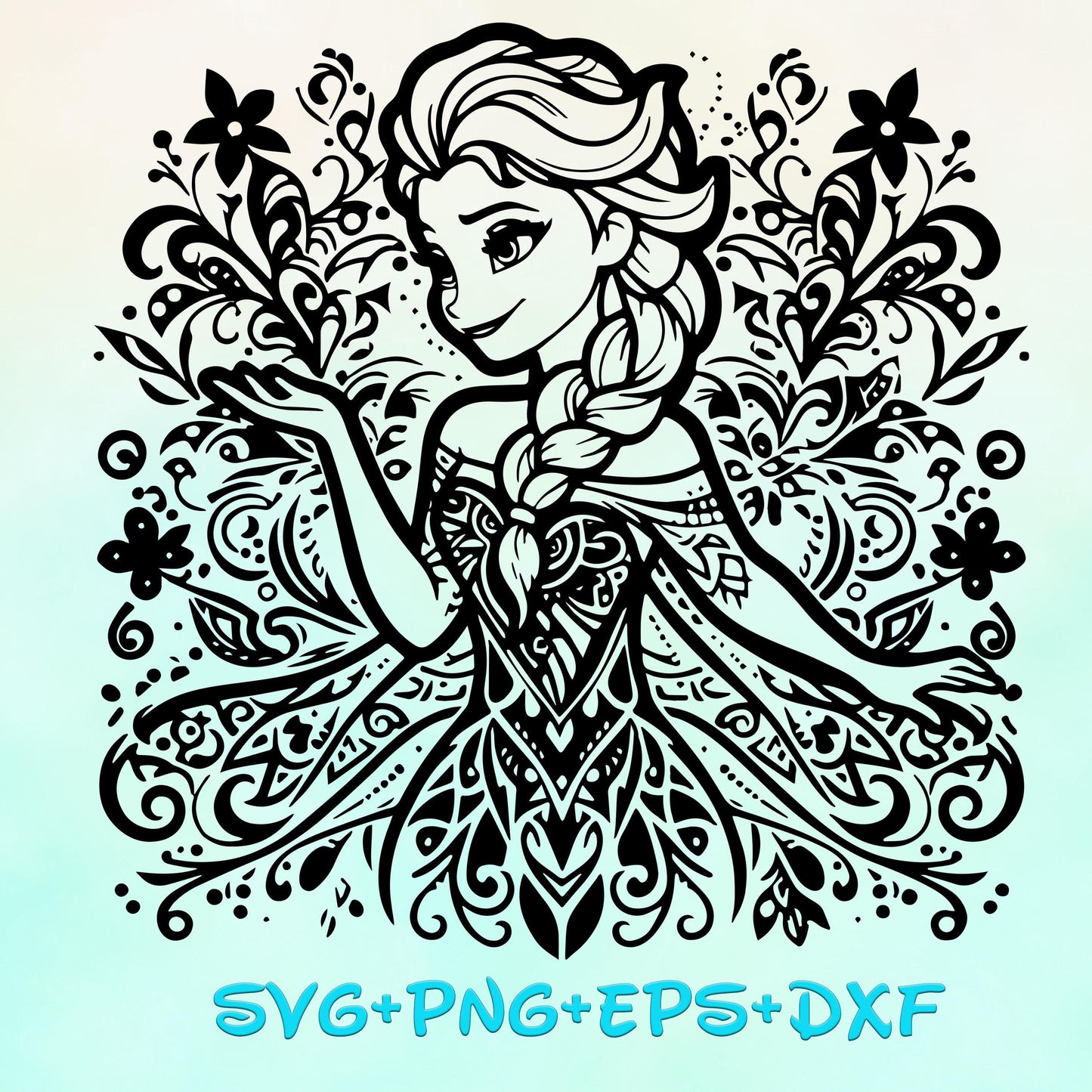 Princess Floral Elsa and Anna Mandala Princess SVG, Frozen Enchanted Princess, Silhouette Cut Files, Png, Printable, Sublimation Design