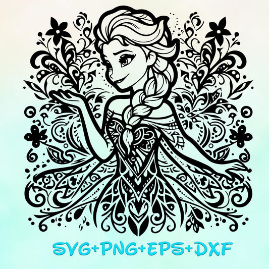 Princess Floral Elsa and Anna Mandala Princess SVG, Frozen Enchanted Princess, Silhouette Cut Files, Png, Printable, Sublimation Design