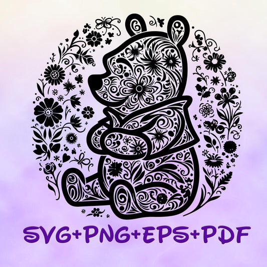 Floral Winnie the Pooh Mandala SVG, Enchanted Svg, Silhouette Cut Files, Zentangle SVG, Sublimation Design, Pooh Bear Sketch Png