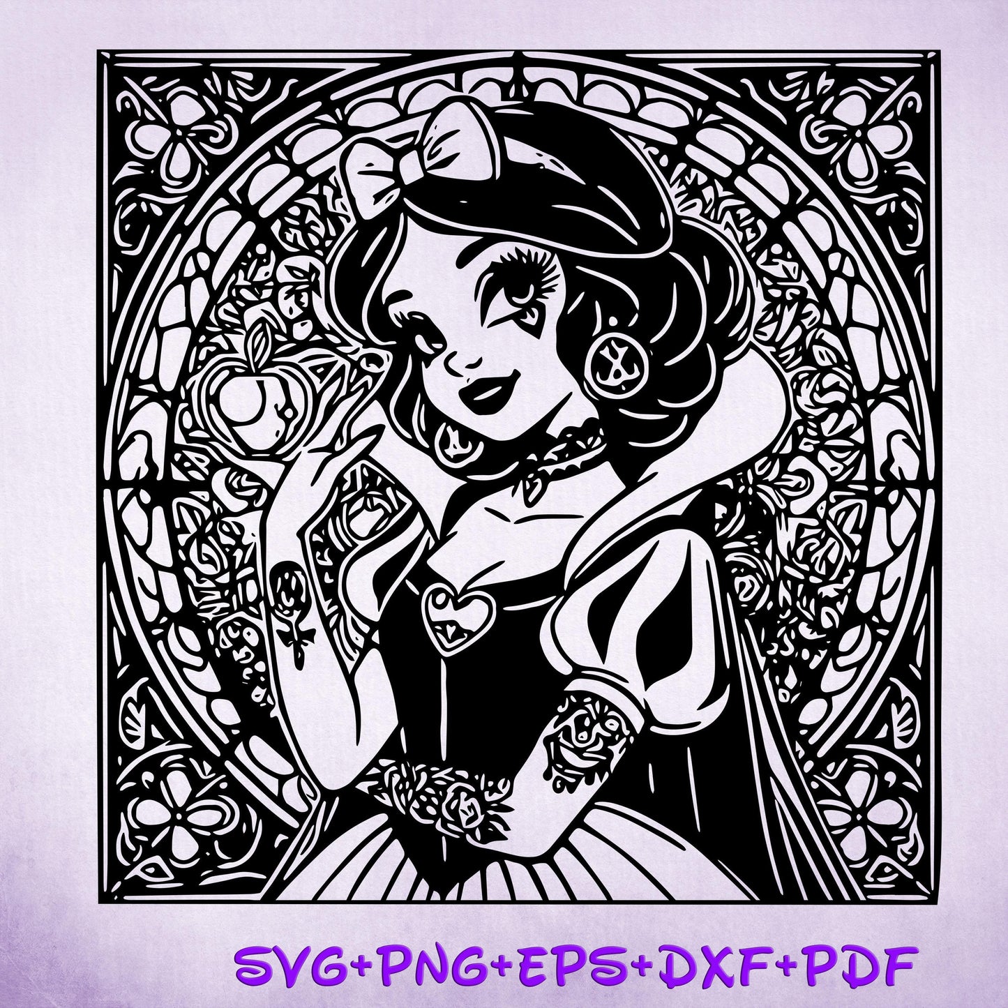 Snow White Mandala Princess SVG, Snow White Enchanted Stained Glass Princess, Silhouette Cut Files, Png, Printable, Sublimation Design