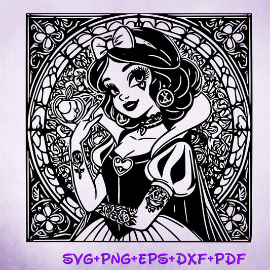 Snow White Mandala Princess SVG, Snow White Enchanted Stained Glass Princess, Silhouette Cut Files, Png, Printable, Sublimation Design