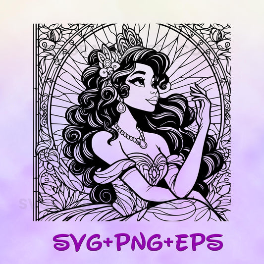 Princess Tiana Stained Glass Ball gown Mandala Princess SVG, Tiana Enchanted , Silhouette Cut Files, Png, Printable, Sublimation Design