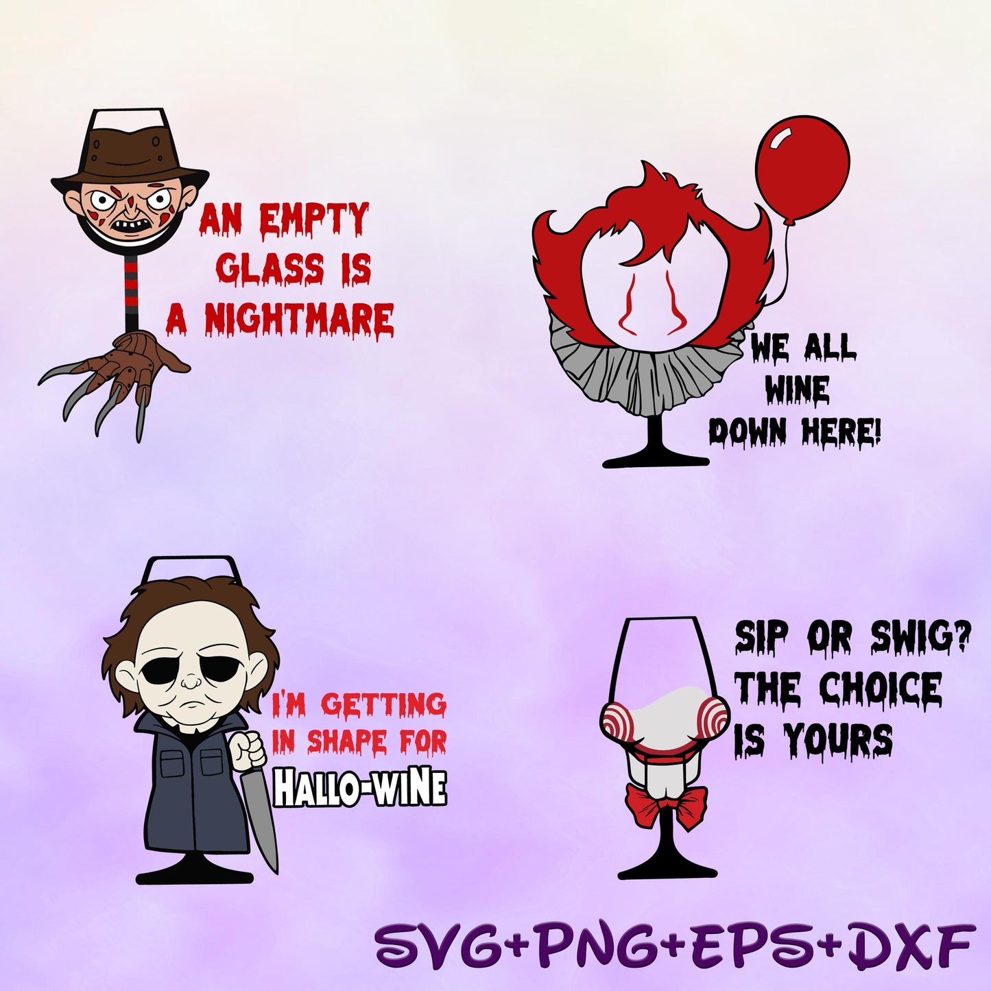 Horror Freddy Kruegar , Jigsaw, Pennywise, IT, Michael Myers Hallowine Svg, Halloween Glass Svg, Halloween Party Svg, Wine Glass Svg