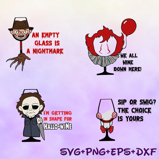 Horror Freddy Kruegar , Jigsaw, Pennywise, IT, Michael Myers Hallowine Svg, Halloween Glass Svg, Halloween Party Svg, Wine Glass Svg
