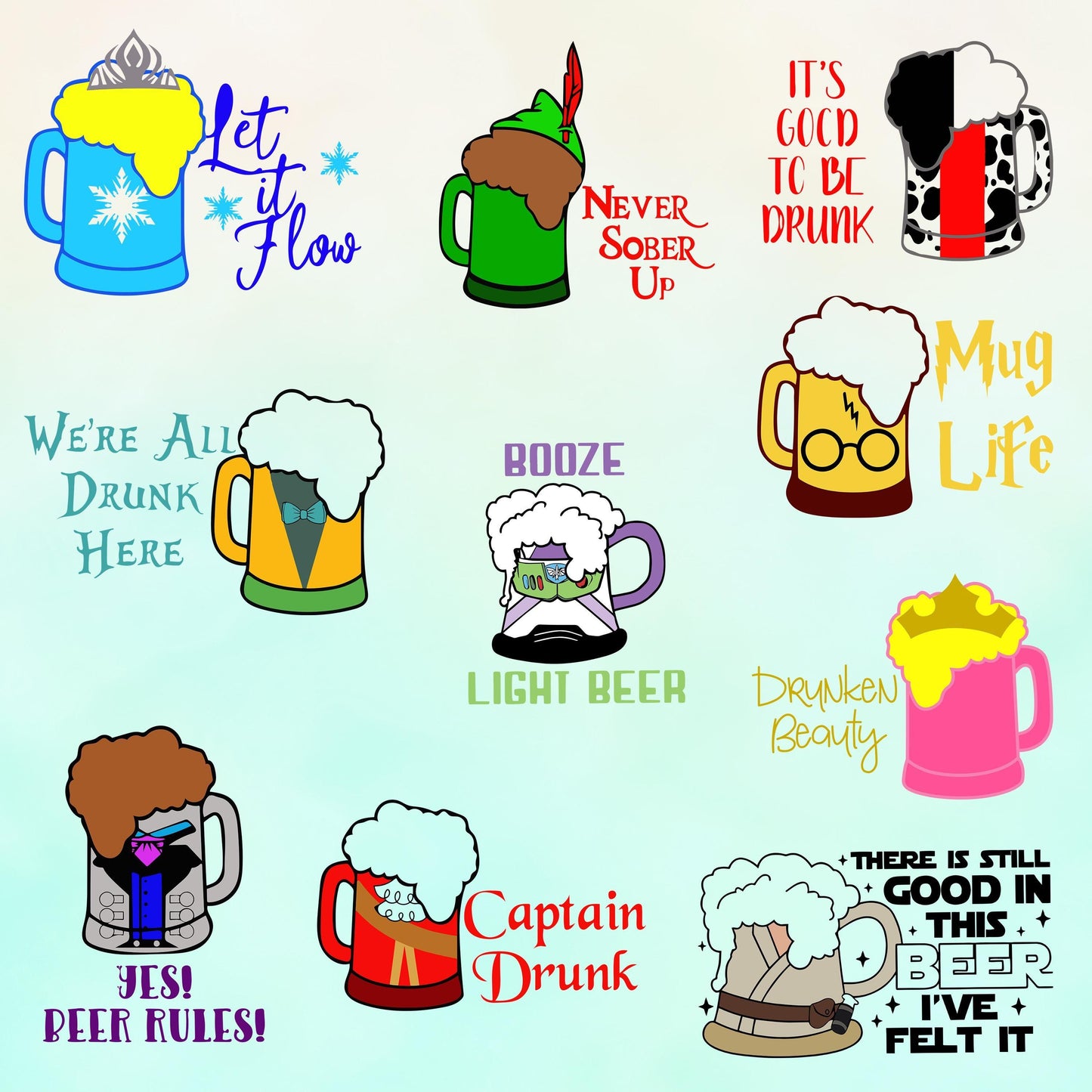 Princess Beer Glass Mug SVG, Princess Wine Glass svg, Cruella, Buzz, Frozen, Sleeping Beauty Wine Glass cut file, Printable file