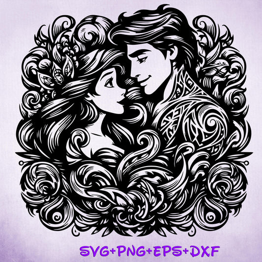 Princess Ariel and Eric Mandala Princess SVG, The Little Mermaid Enchanted , Silhouette Cut Files, Png, Printable, Sublimation Design
