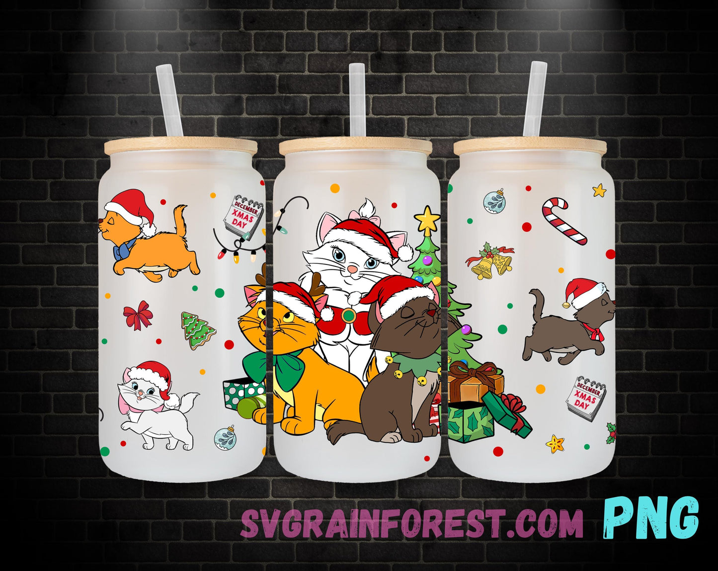 Aristocats Christmas Libbey Glass Can Wrap, Aristocats 16oz Wrap, sublimation PNG, Marie Christmas Libbey can glass, 16oz glass can Png