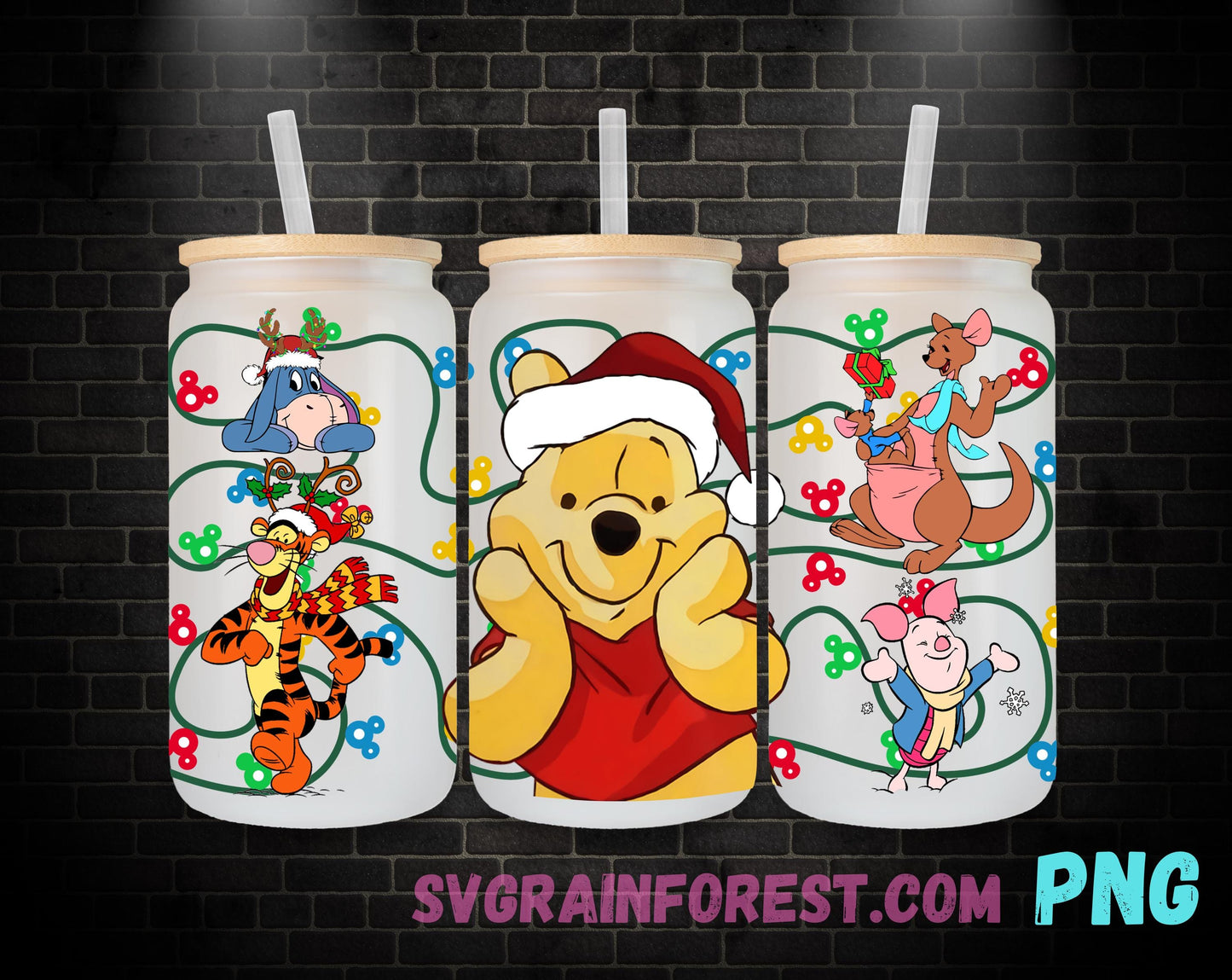 Winnie The Pooh and Friends Christmas 16oz Glass Can Wrap PNG, Libbey Glass Can Wrap Christmas, Merry Christmas Glass Can Wrap PNG