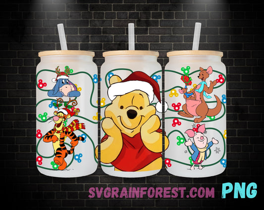 Winnie The Pooh and Friends Christmas 16oz Glass Can Wrap PNG, Libbey Glass Can Wrap Christmas, Merry Christmas Glass Can Wrap PNG