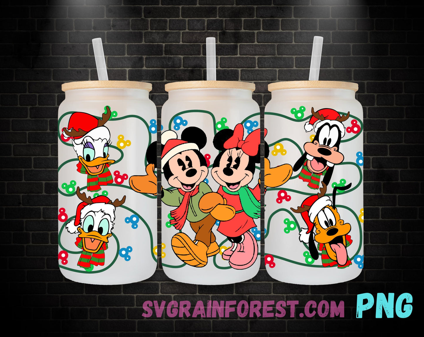 Mickey Minnie Mouse and Friends Christmas 16oz Glass Can Wrap PNG, Libbey Glass Can Wrap Christmas, Merry Christmas Glass Can Wrap PNG