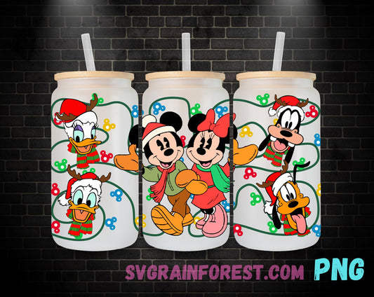 Mickey Minnie Mouse and Friends Christmas 16oz Glass Can Wrap PNG, Libbey Glass Can Wrap Christmas, Merry Christmas Glass Can Wrap PNG