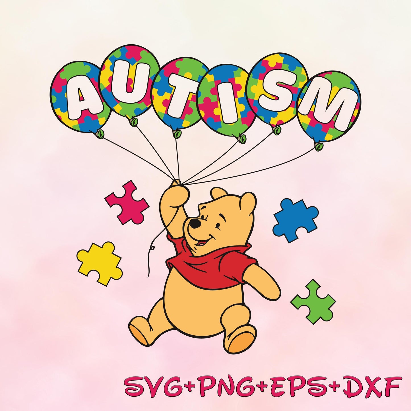 Winnie The Pooh Autism Bear holding Balloons SVG, Cartoon Autism svg Png, Character Autism Awareness svg Png Autism Support svg