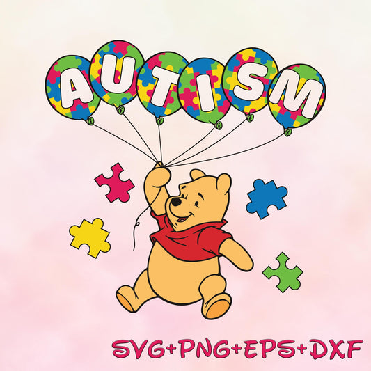 Winnie The Pooh Autism Bear holding Balloons SVG, Cartoon Autism svg Png, Character Autism Awareness svg Png Autism Support svg