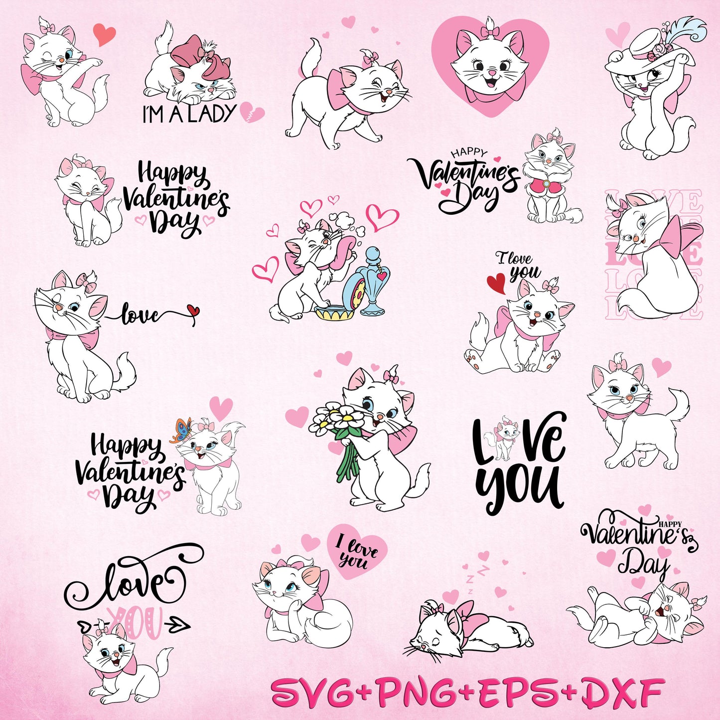 Marie Cat Aristocats LOVE SVG, Retro Aristocats Marie Valentines svg, Meowy I am a lady Svg, Cute Cat Png, Digital File Bundle
