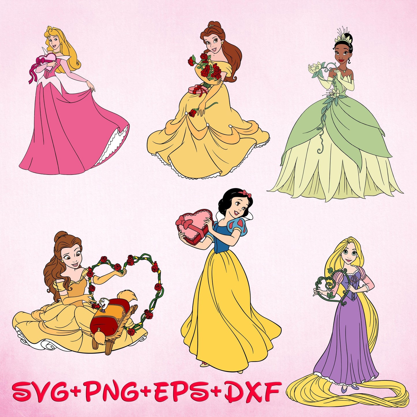 Princess Tiana Belle Aurora Rapunzel Snow White Love Svg, Heart Svg, Bundle, Valentine's Day svg, Gift Svg, Cricut File