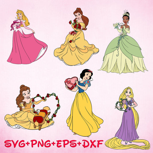 Princess Tiana Belle Aurora Rapunzel Snow White Love Svg, Heart Svg, Bundle, Valentine's Day svg, Gift Svg, Cricut File