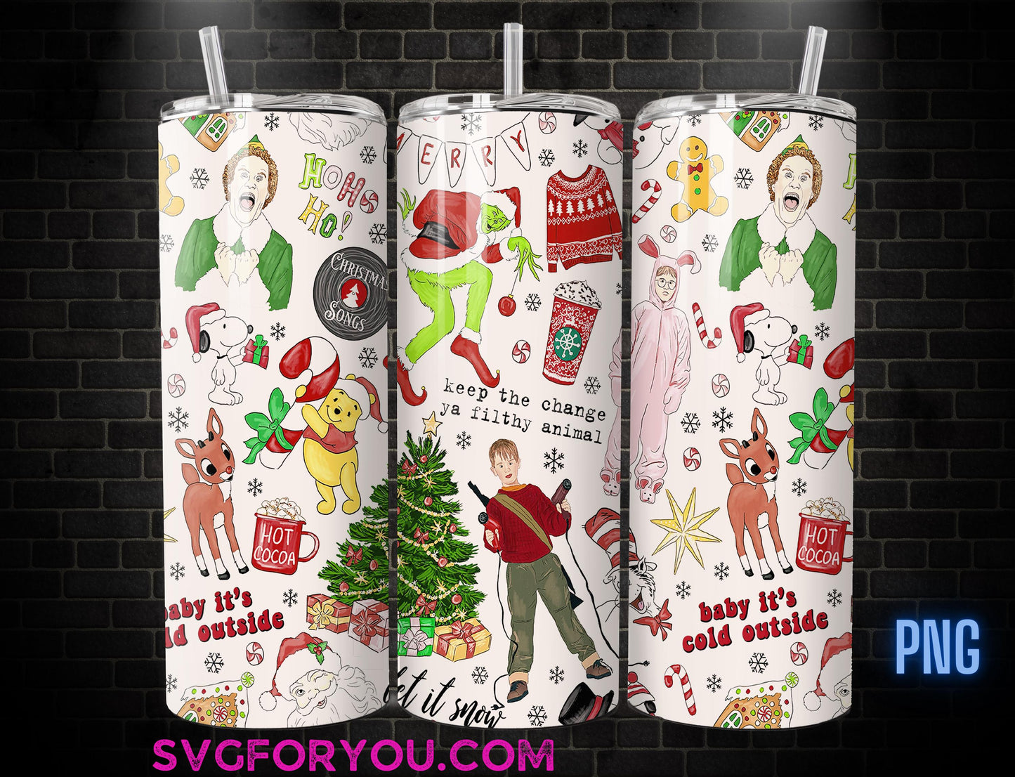 Buddy the Elf Pooh Grinch Home Alone Christmas Movie 20 oz Skinny Tumbler, Family Comedy, Christmas Movie Tumbler Wrap Png
