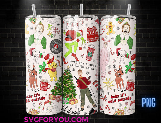 Buddy the Elf Pooh Grinch Home Alone Christmas Movie 20 oz Skinny Tumbler, Family Comedy, Christmas Movie Tumbler Wrap Png