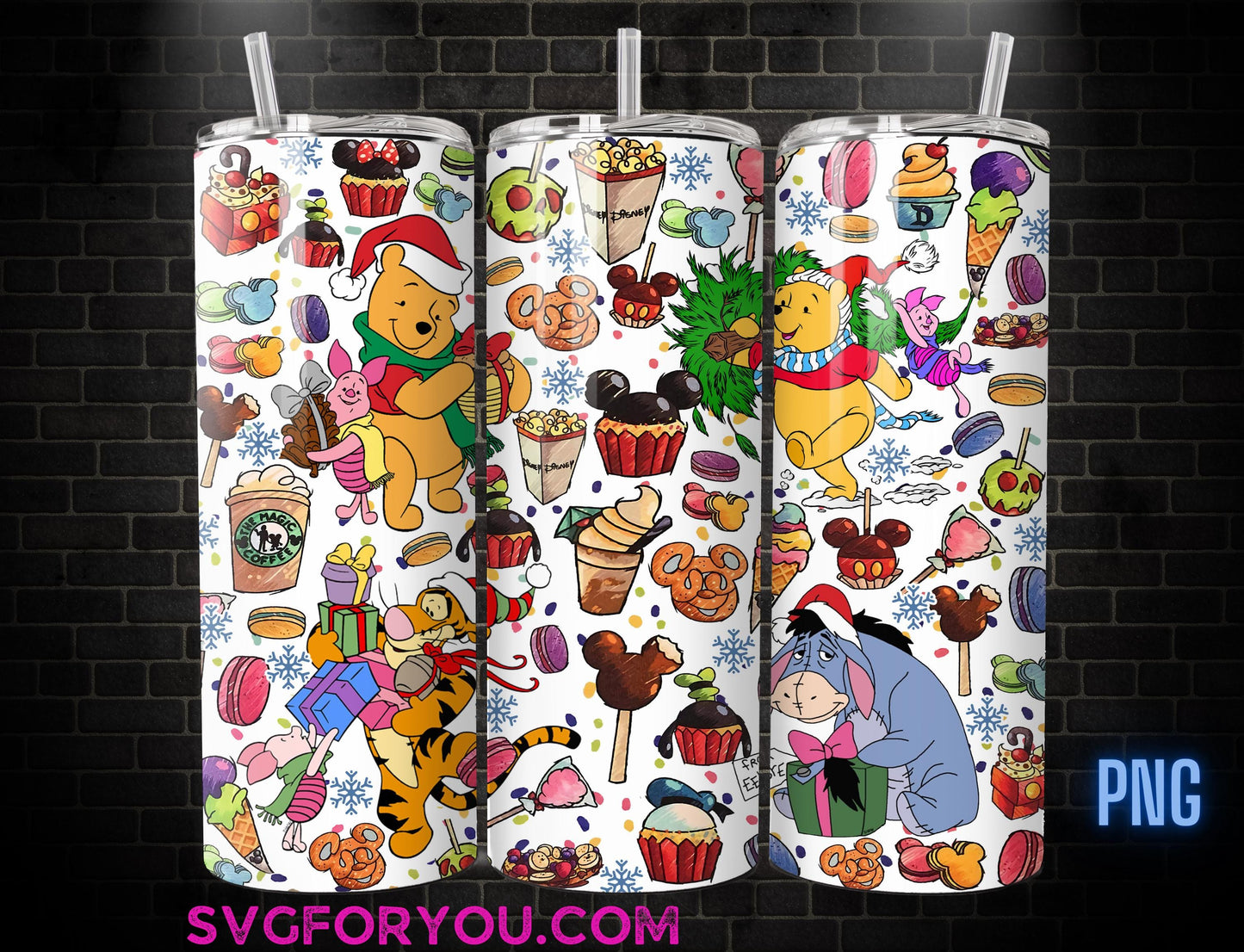 Retro Winnie the Pooh Tigger Piglet Eeyore Christmas 20oz Skinny Tumbler Template PNG, Pooh Skinny Tumbler Wrap Design PNG