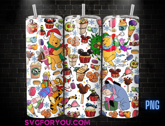 Retro Winnie the Pooh Tigger Piglet Eeyore Christmas 20oz Skinny Tumbler Template PNG, Pooh Skinny Tumbler Wrap Design PNG
